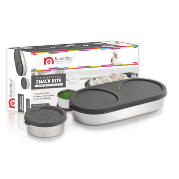 NanoNine Snack Bite Single Wall Stainless Steel Lunch Box , 650ml + 100ml, 2-Piece, Grey